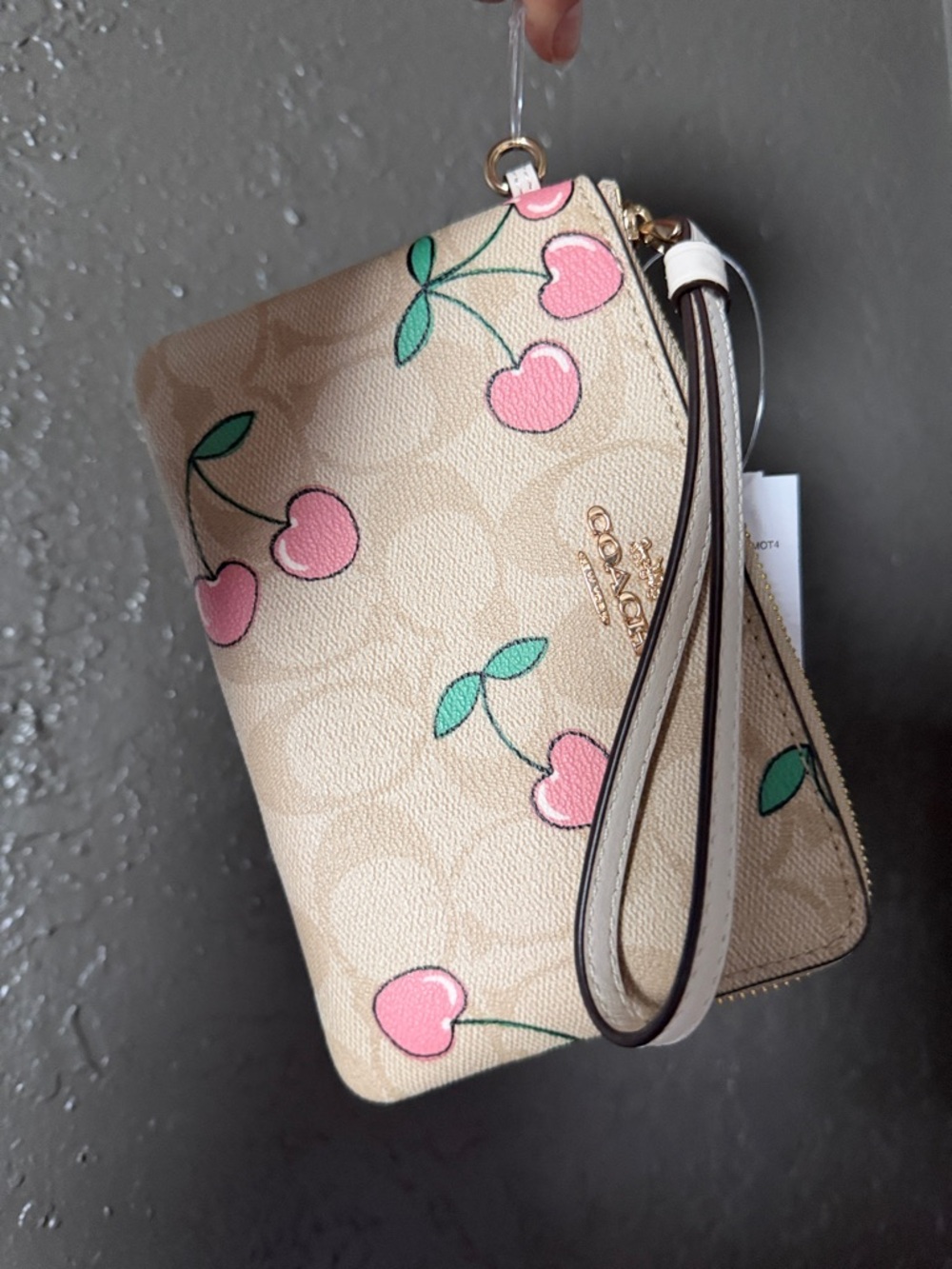 Coach Cherry Print Zip Wristlet - Pink & Green on Tan